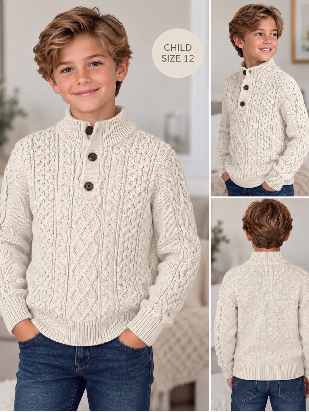 Gap Kids Cable-Knit Mockneck Sweater,Sz 12 (XL) Beige Button-Up Pullover Sweater